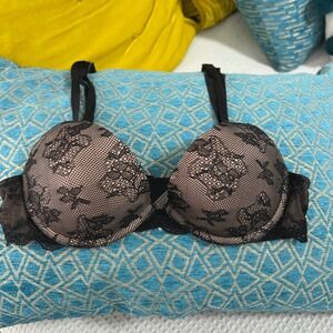 Vintage Y2K Victoria's Secret Biofit Bra Black & Nude Lace 34B lingerie‎ top
